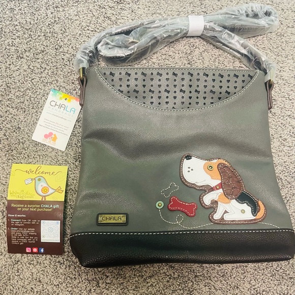 NWT- CHALA grey and Chocolate Dog Crossbody Bag - Picture 8 of 10